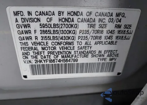 2004 Honda Pilot Ex-L z USA, uszkodzony, nr VIN 2HKYF18674H564799